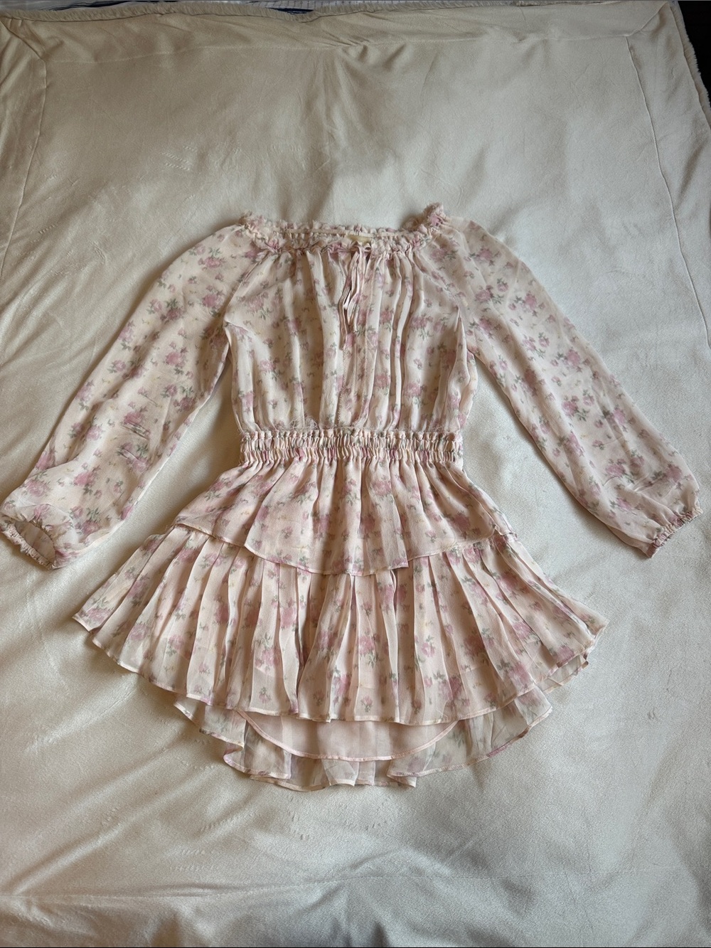 LoveShackFancy Pink Floral Tiered Mini Dress